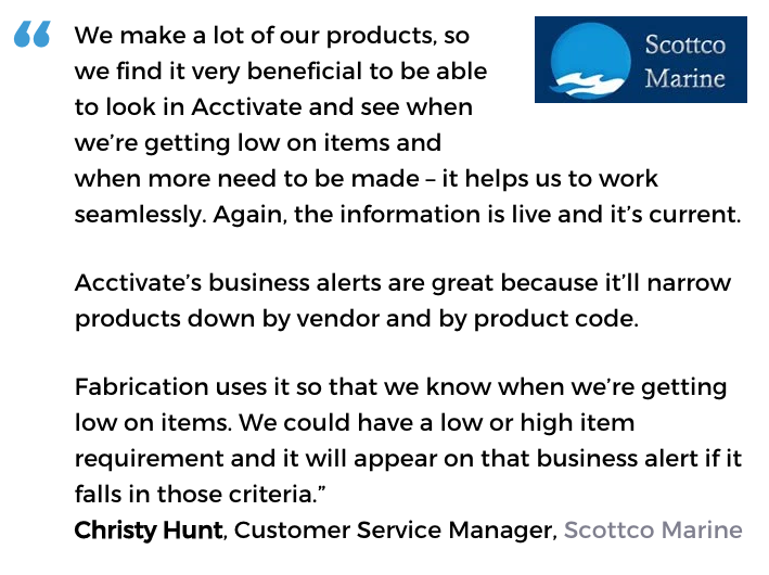 Acctivate inventory and purchasing management software user, Scottco Marine