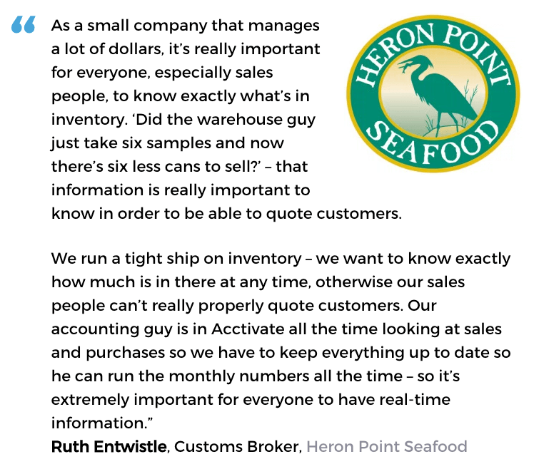 Acctivate software for inventory management user, Heron Point Seafood