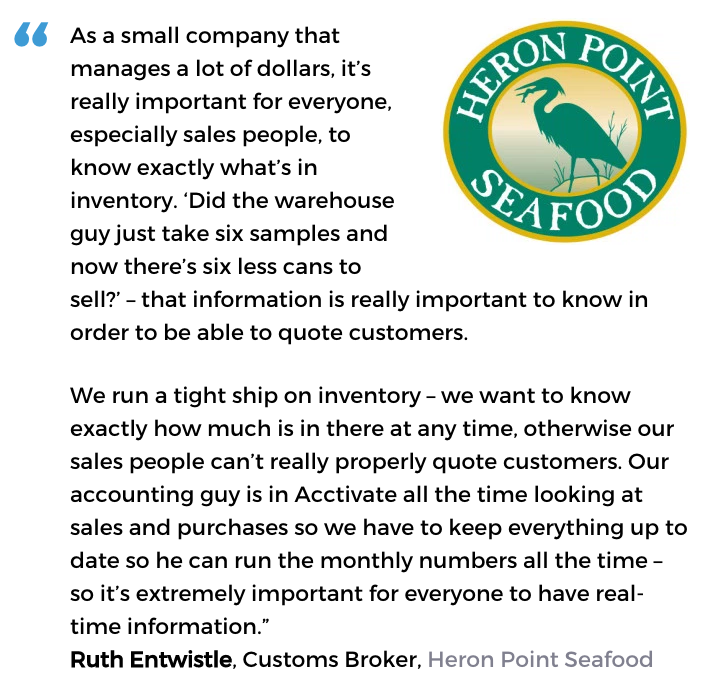 Acctivate seafood distributor software user, Heron Point Seafood