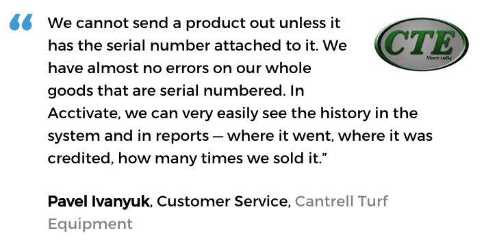 Acctivate inventory software with serial number tracking user, Cantrell Turf Equipment