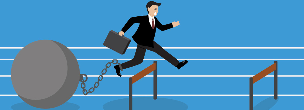 Graphic of businessperson jumping over hurdles with a ball and chain attached to the leg to represent small business inventory challenges