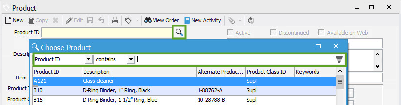 Product Lookup button on Product Information window