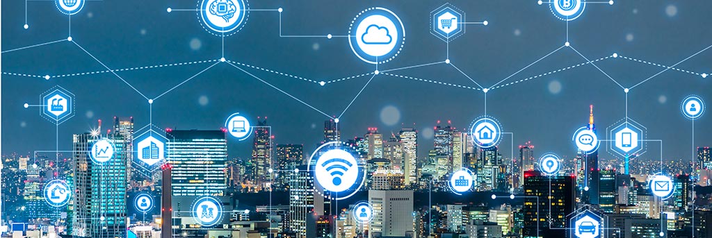 Graphics representing data with a background of a cityscape for small business inventory forecasting