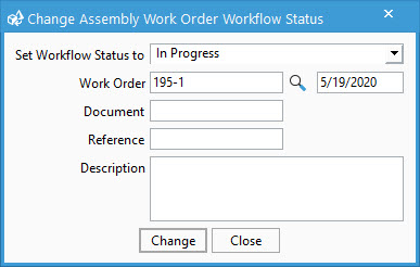 Change Assembly Work Order Workflow Status window