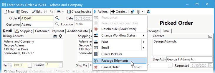 Create a shipment from a Sales Order using the Action menu.