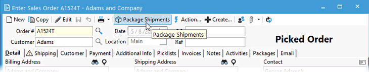 Create a shipment from the Sales Order using the next action button of package shipments