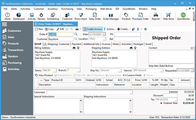 Creating invoices from a sales order