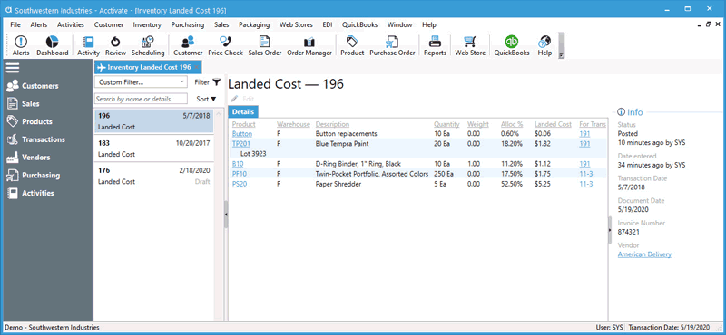 Vendor bill allocation to inventory cost: Review Landed Cost Transactions from List