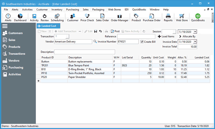 Vendor bill allocation to inventory cost via Landed Cost in Acctivate