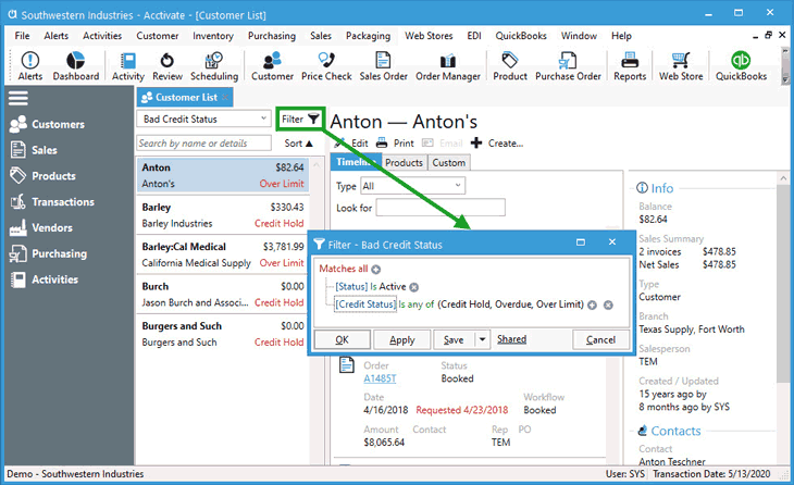 Customer credit management filters on Customer List