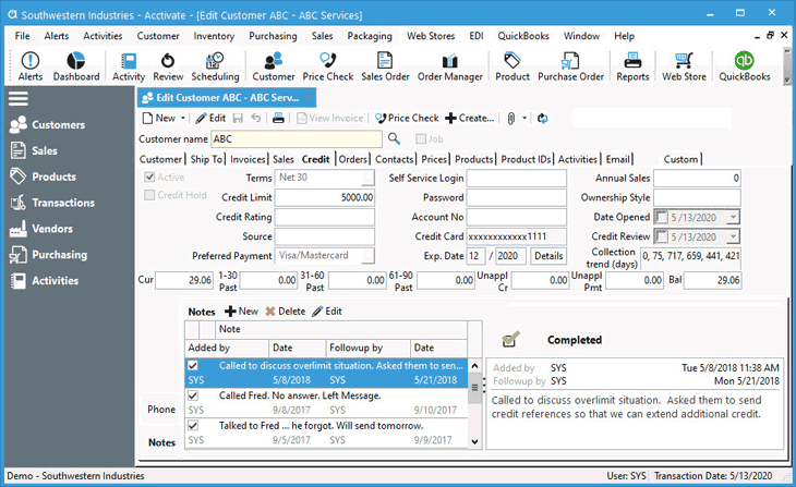 Customer Credit tab on Acctivate Customer window