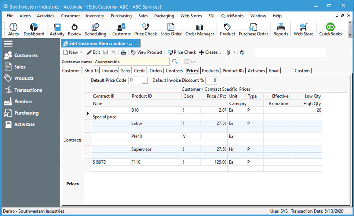 Customer Pricing in Acctivate Customer Window