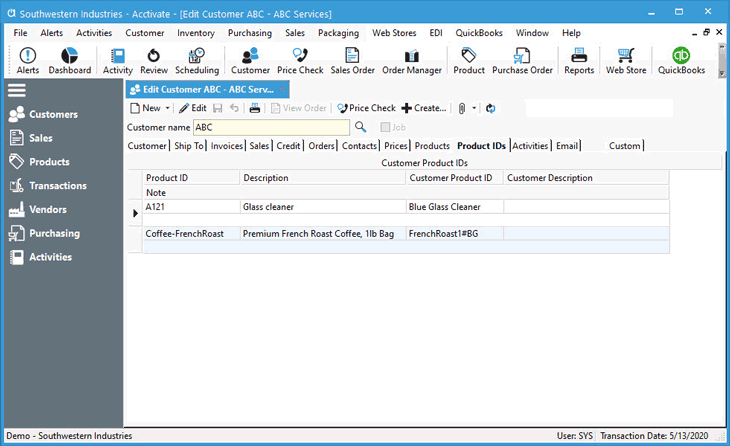 Customer product IDs assigned to any product in Acctivate for any customer