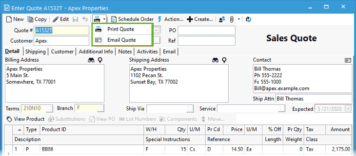 Email a quote or print a quote options from the Sales Quote Window