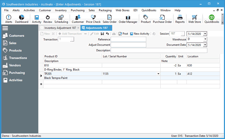 Inventory Adjustment Window