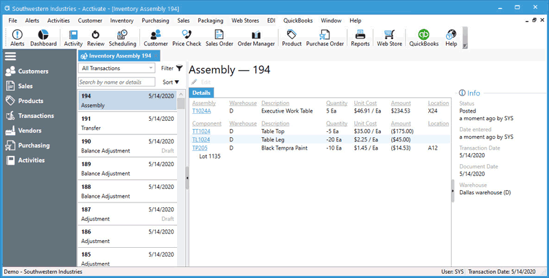 Inventory assembly review from the Transaction List in Acctivate