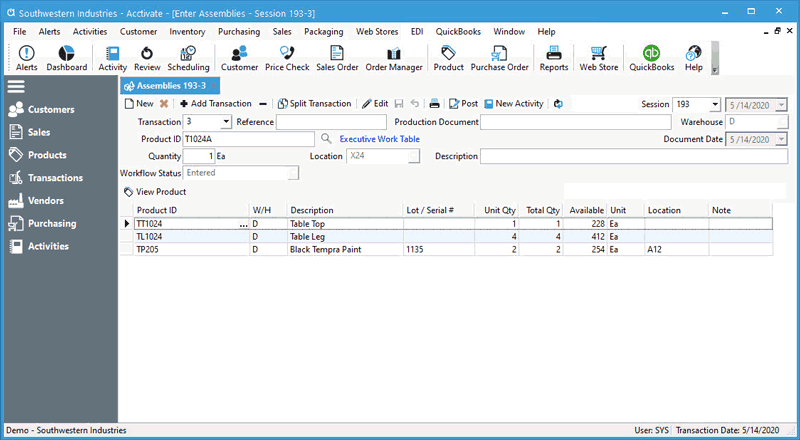 Inventory Assembly Window in Acctivate