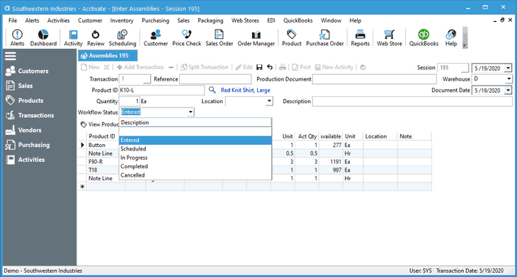 Inventory Assembly Workflow Status in the Assembly window