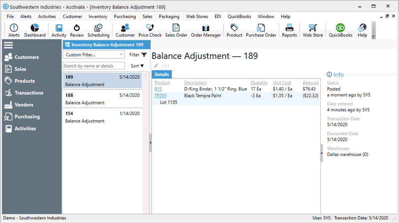 Inventory Balance Adjustment From Transactions List