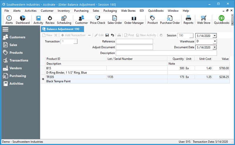 Inventory Balance Adjustment Window