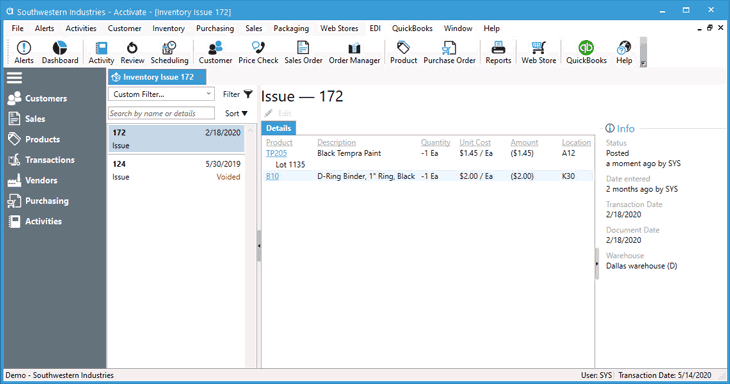 Inventory Issue from Transaction List in Acctivate