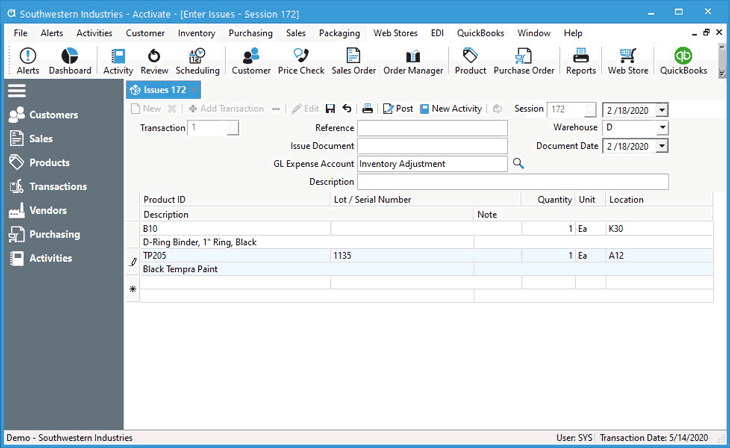 Inventory Issue Window in Acctivate