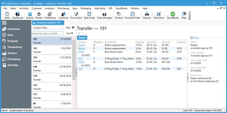 Inventory Transfer review from Transactions list in Acctivate