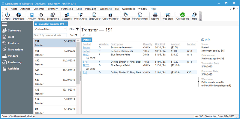 Inventory Transfer review from Transactions list in Acctivate