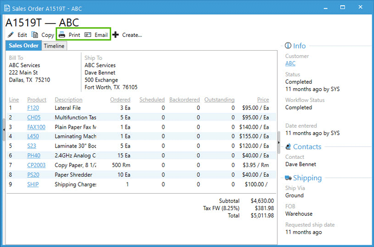 Order Acknowledgment generated from the read only sales order window