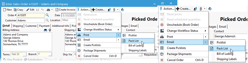 Packing slips can be printed/emailed from Sales Order window from Actions menu.