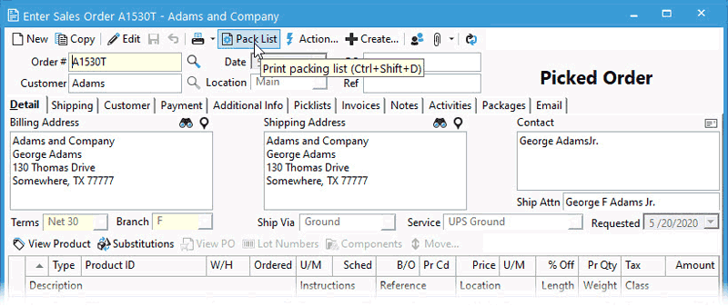 Packing slips can be printed from the Sales Order window on the Next Action button