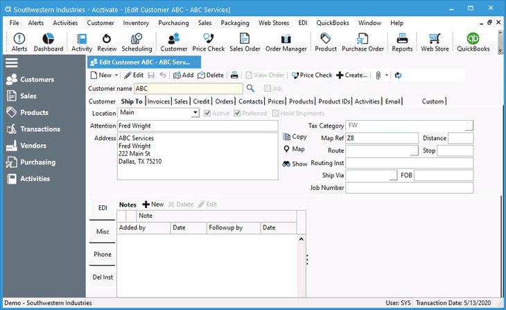 Ship to address management for customer ship to locations