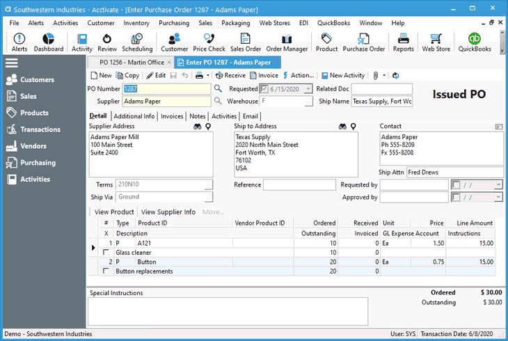 Create a Purchase Order and enter details from the Enter PO Window.