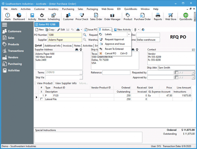 Purchase Order Status can be changed using the Next Action button