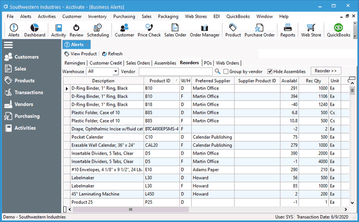 Reorder inventory from the Business Alerts Reorders Tab based on demand.