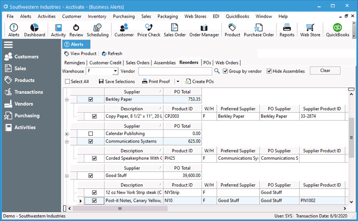 Reorder inventory by grouping by vendor and creating POs per vendor.