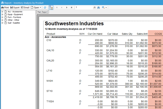 Cost Analysis Report in Acctivate