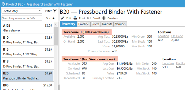 Multiple Warehouses displayed on Acctivate's Product List Window