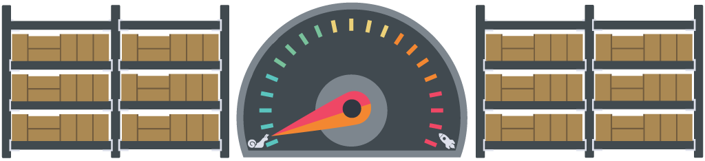 Graphic of speedometer between warehouse shelves to represent slow moving inventory