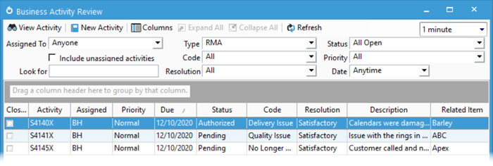 Product returns management in Acctivate with easy management of all returns.