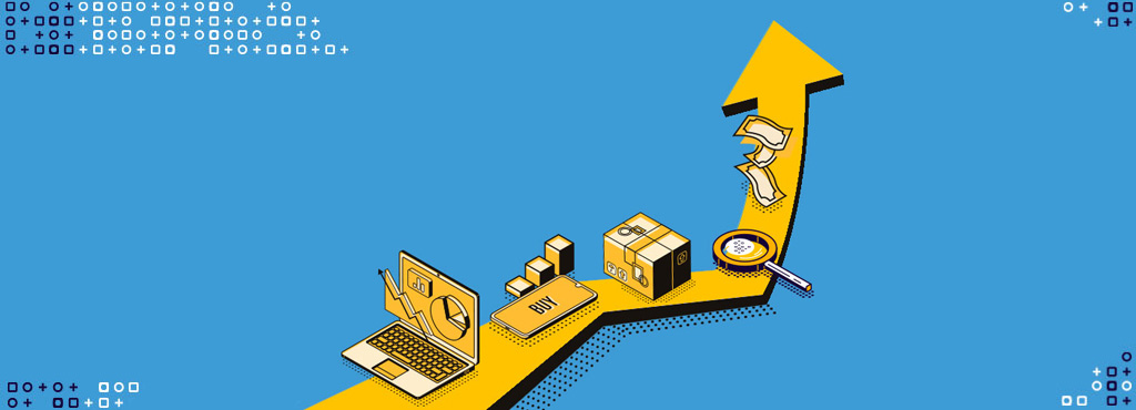 Graphic of upwards arrow with elements representing inventory optimization solutions