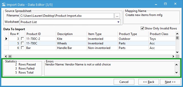 Import Products - Data Statistics & Error Messages