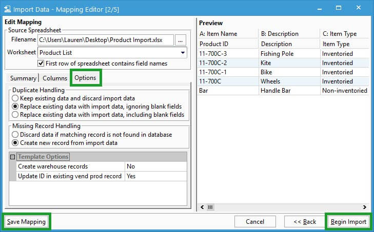 Imports Products - Save Mapping & Begin Import