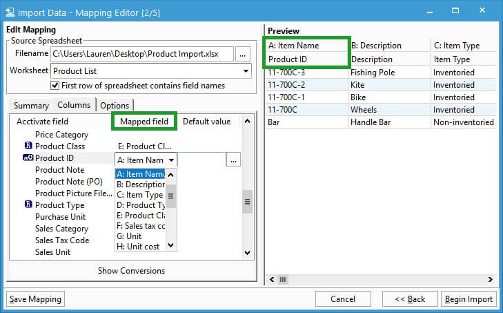 Import Products - Select Mapped Fields