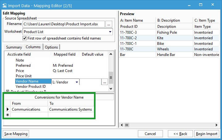Import Products - Setting Up Data Conversions