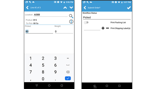 Acctivate Mobile Order Picking Screen views on Android Devices