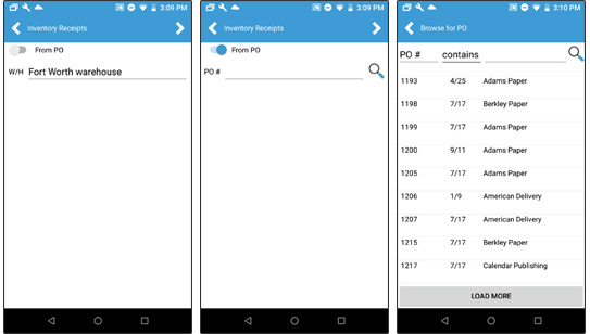 Acctivate Mobile Inventory Receipt Screens on Android Devices