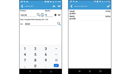 Acctivate Mobile Inventory Receipt Screen views on Android Devices