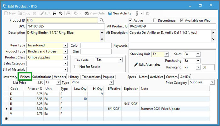 Edit Product Window on Prices Tab