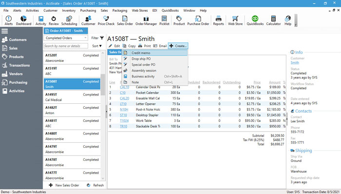 Create a credit memo from the sales list